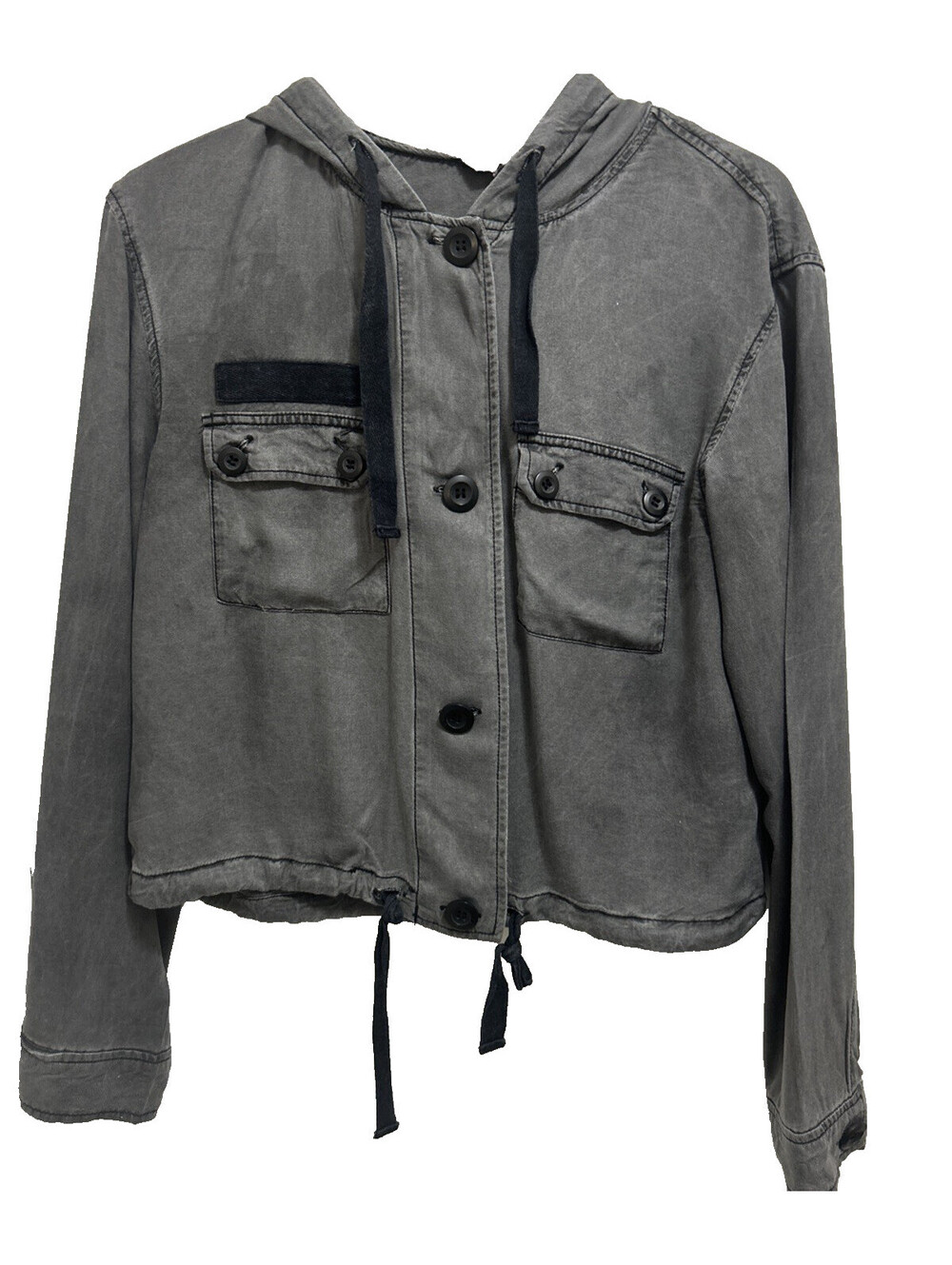 Rubbish Size L Gray Cropped Jacket Long Sleeve Hooded Button Grunge Pockets